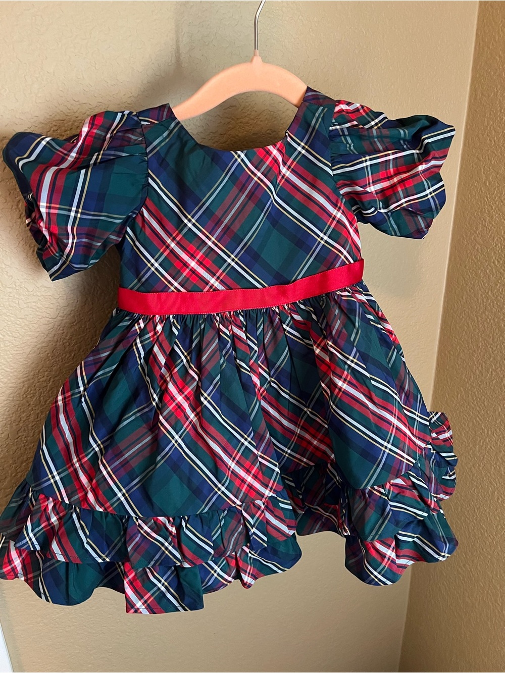 Janie and Jack Navy, Green & Red Plaid Dress with Red Sash